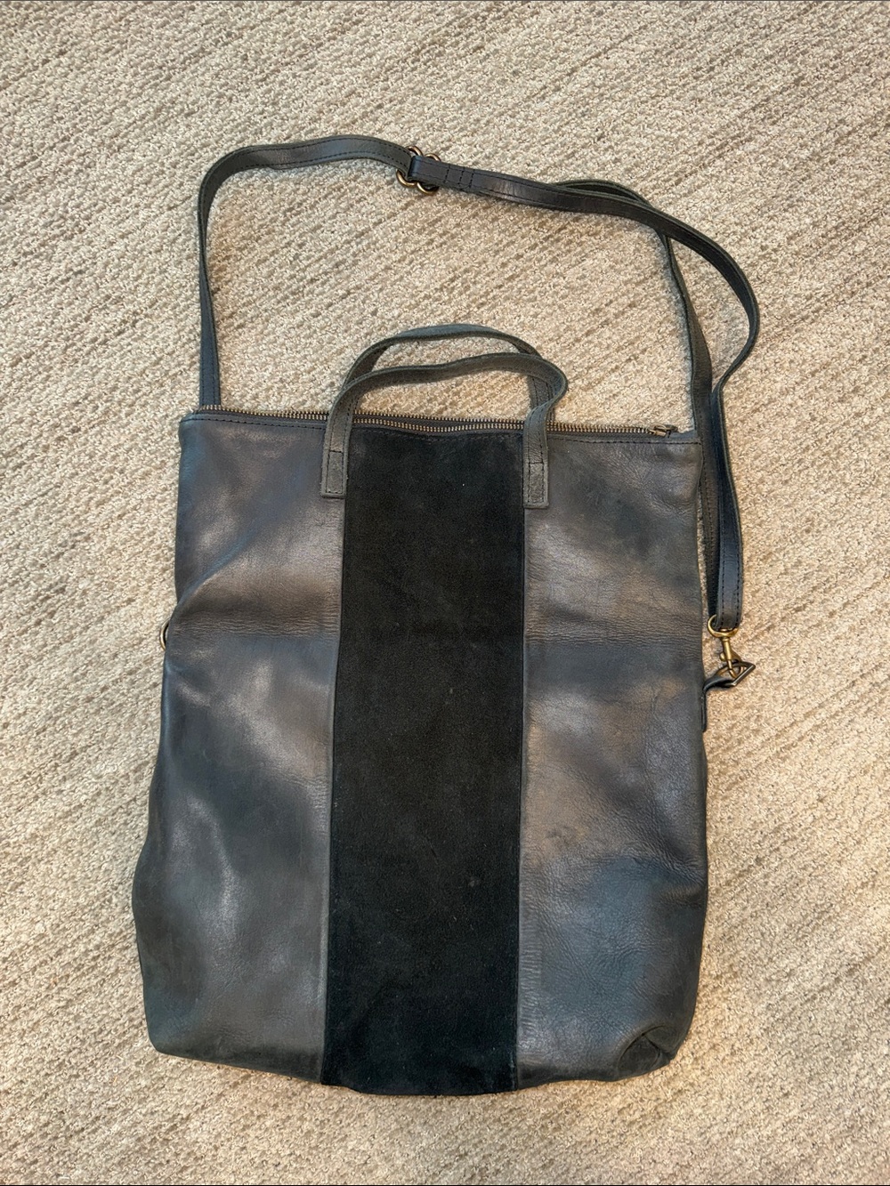 Able Black Leather Suede Crossbody Tote with Suede Center Stripe